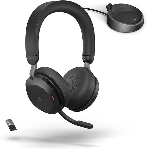 Jabra Evolve2 75 PC Wireless Headset with Charging Stand and 8-Mic Technology - Dual Foam Stereo Headphones with Advanced Active Noise Cancelling, USB-A Bluetooth Adapter and MS Compatibility - Black (Renewed)