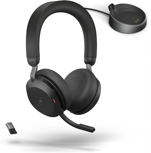 Jabra Evolve2 75 PC Wireless Headset with Charging Stand and 8-Mic Technology - Dual Foam Stereo Headphones with Advanced Active Noise Cancelling, USB-A Bluetooth Adapter and MS Compatibility - Black (Renewed)